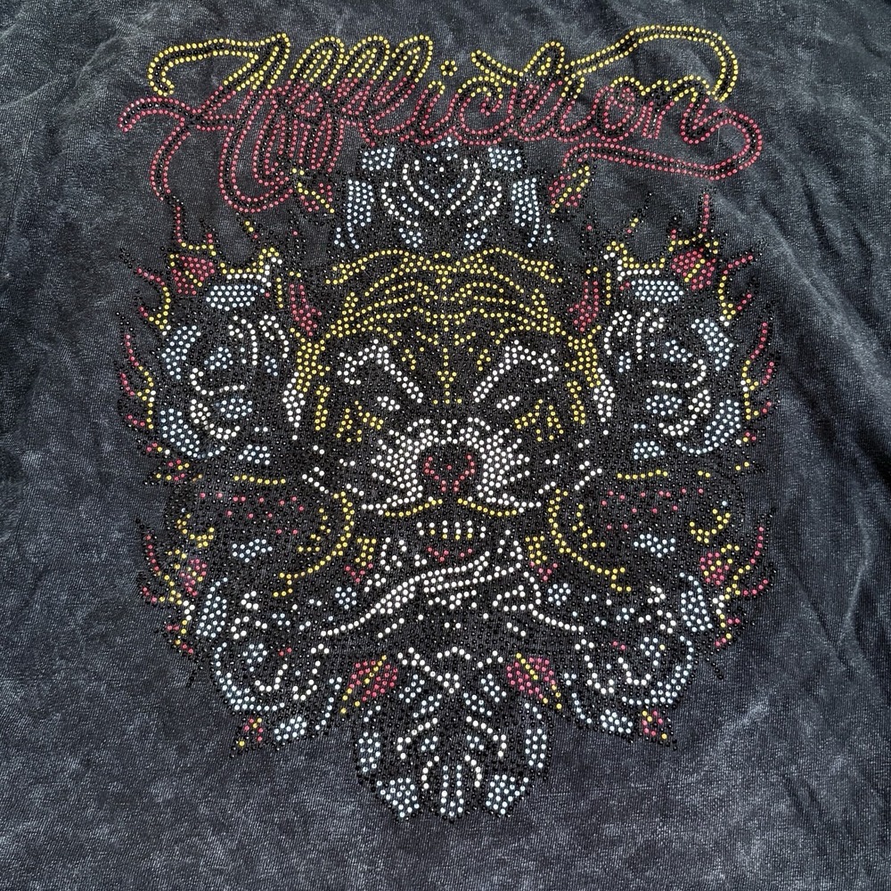 Affliction Black Label Women's Live Fast Rhinestones Distressed Tiger Tee XL NEW - Picture 4 of 12